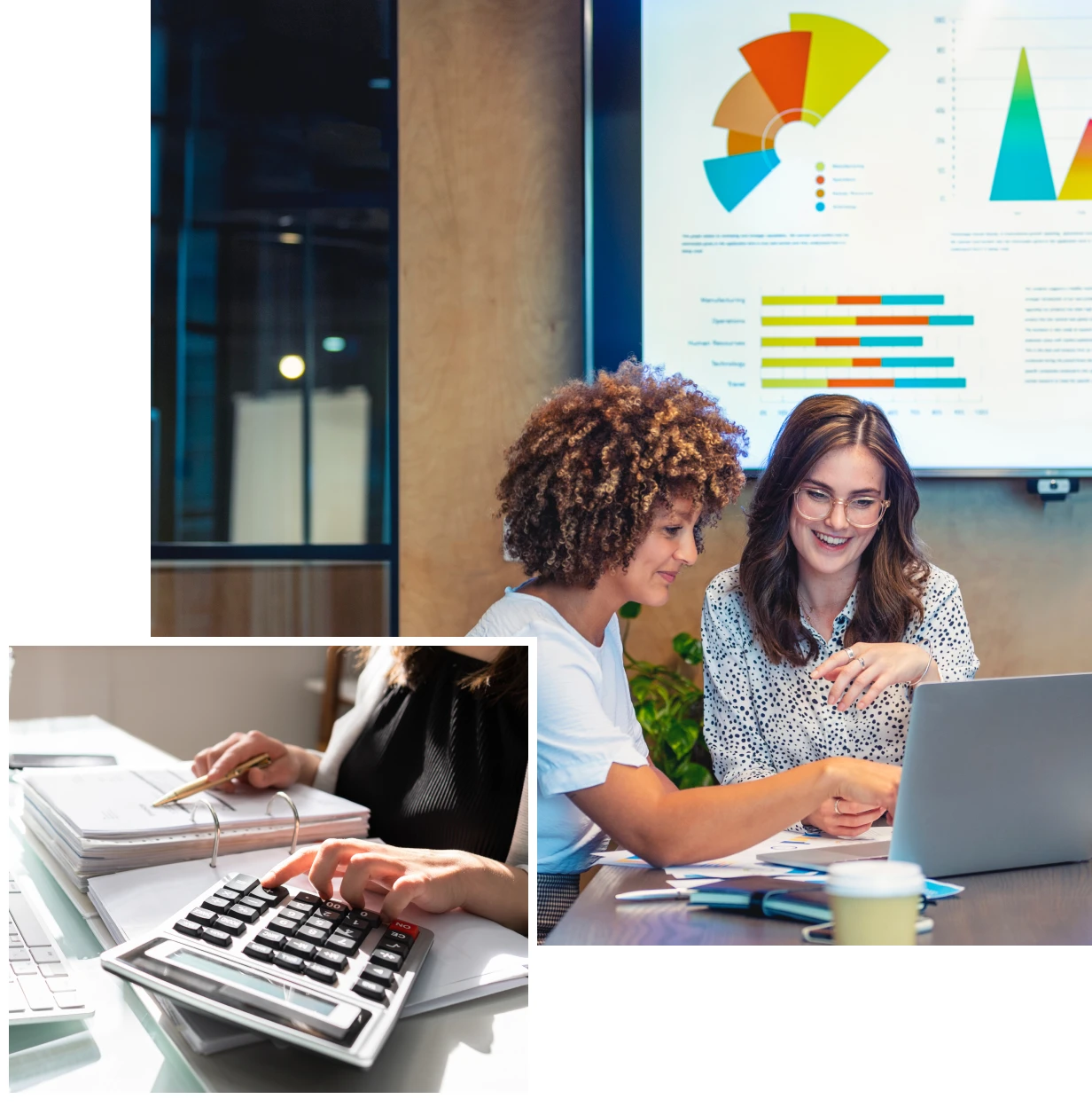 Two women analyzing data on laptop